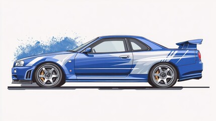 Blue Sports Car Illustration with White Stripes and Blue Splashes