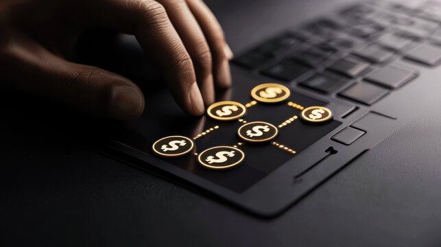 A close-up of a hand on a laptop keyboard, highlighting digital currency symbols that represent financial decision-making.