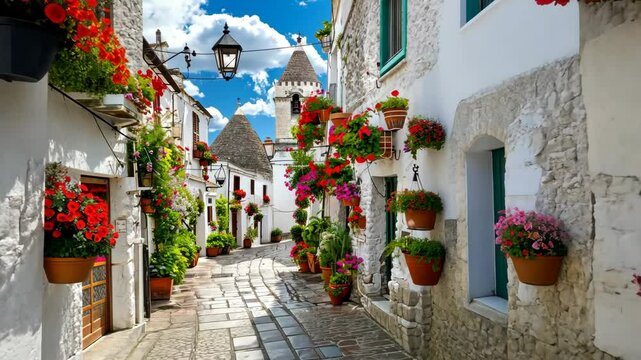 Charming cobblestone street adorned with vibrant flowers in a quaint historic village under a clear blue sky