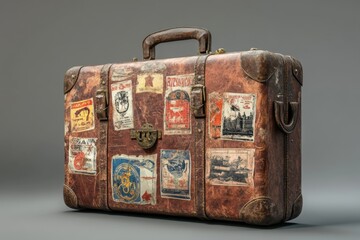 Vintage Suitcase with Old Travel Stickers - Worn Leather 3D Illustration of Retro Luggage