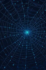 Fototapeta premium Creepy white spider web of wild spider with tiny drops of water shining in light on dark blue background. Scary cobweb for Halloween party. Closeup backdrop with copy space