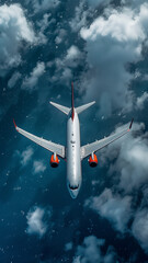 Naklejka premium A large airplane is flying through a cloudy sky