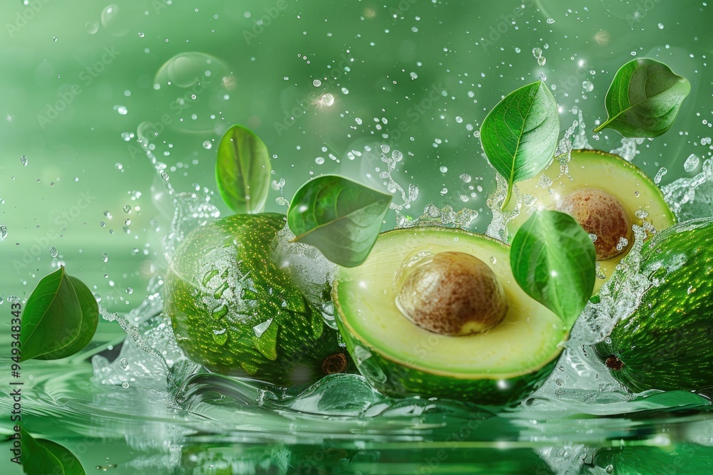 Aufkleber a ripe avocado falling into a body of water, creating ripples and waves