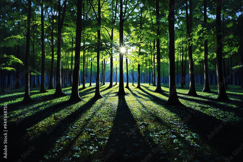Poster hunting forest at dawn, illustrated with the first light of day casting long shadows through the tre