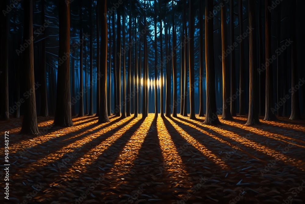 Poster hunting forest at dawn, illustrated with the first light of day casting long shadows through the tre