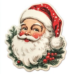 Charming Vintage Santa Sticker in 1950s Style on White Background