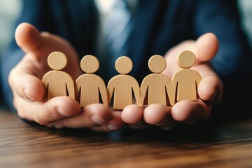 両手に人間のモチーフを乗せている男性会社員（社員・企業・チーム・グループ・メンバー）