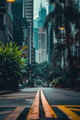 Naklejka premium Urban landscape with palm trees and tall buildings on the city street