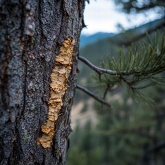 Nature's Intricate Design: Pine Beetle's Pitch Tube on Tree Bark. Fascinating Close-up of Forest Ecosystem and Insect Impact. Perfect for Environmental Education, Forestry Research, and Natural Scienc