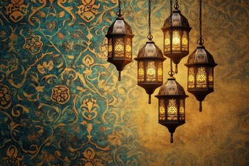 Fototapeta premium Islamic pattern background with hanging lanterns with generative ai