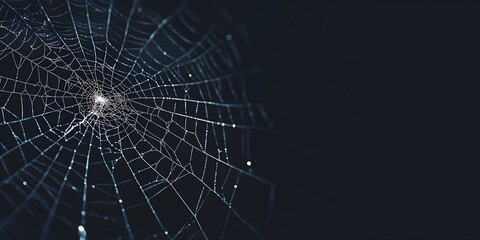 Creepy white spider web of wild spider with tiny drops of water shining in light on dark blue background. Scary cobweb for Halloween party. Closeup backdrop with copy space