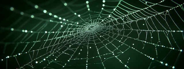 Naklejka premium Creepy white spider web of wild spider with tiny drops of water shining in light on dark green background. Scary cobweb for Halloween party. Closeup backdrop with copy space