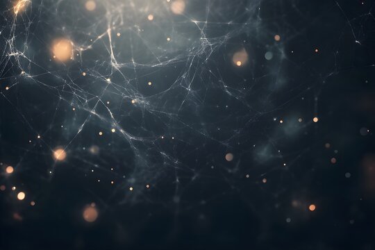 Creepy white spider web of wild spider with tiny drops of water shining in light on black background. Scary cobweb for Halloween party. Closeup backdrop with copy space