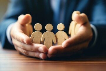 両手に人間のモチーフを乗せている男性会社員（社員・企業・チーム・グループ・メンバー）