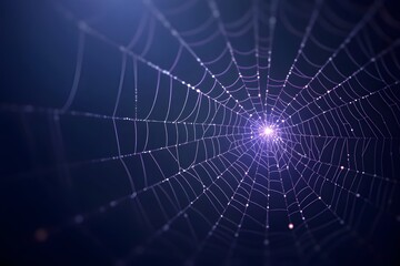 Fototapeta premium Creepy white spider web of wild spider with tiny drops of water shining in light on dark purple background. Scary cobweb for Halloween party. Closeup backdrop with copy space