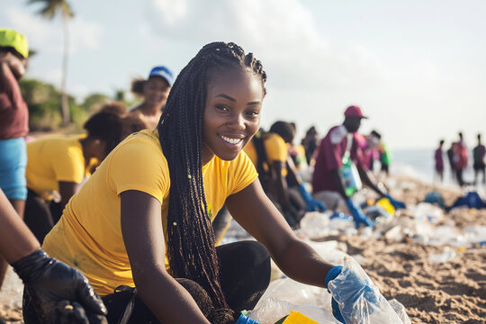 A woman is smiling and sitting on the beach, picking up trash