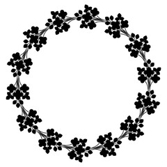 Round floral frame. Circular botanical border. Wreath of blooming branches. Black silhouette on white background.