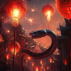 Fototapeta premium A mystical snake slithers through a festival of glowing lanterns, celebrating culture and tradition under a starry night sky.
