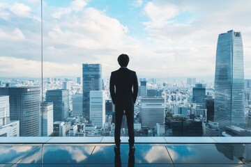 高層階から東京のビル群をみおろす男性会社員の後ろ姿（転職・就職・新卒・外資系企業）