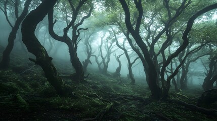 A foggy forest with twisted forms and deep dark colors creating unease