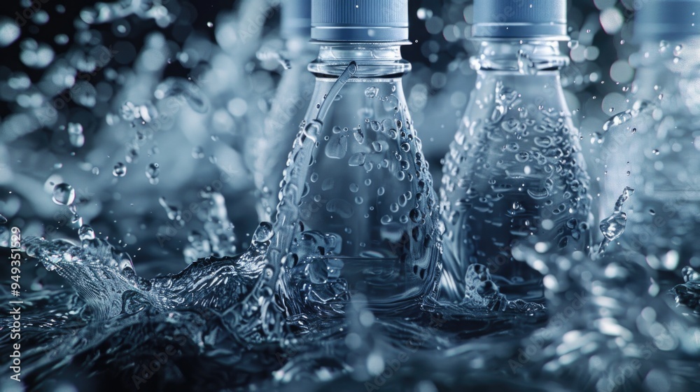 Poster A pair of empty water bottles placed on a table surface