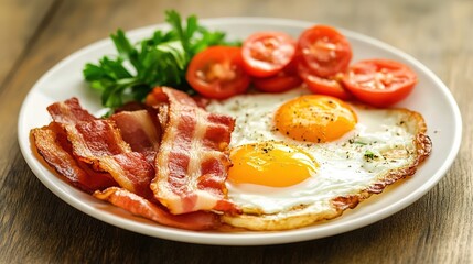 A Plate of Bacon, Eggs, and Tomatoes Arranged on a Wooden Table, Showcasing a Classic Breakfast Spread with Fresh and Savory Ingredients. 