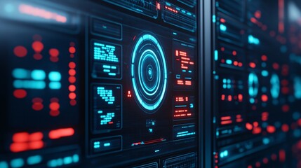 Obraz premium A computer monitor displays a blue and red circle with a red dot in the center