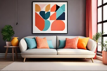 Modern living room and home interior design in a Scandinavian style. Vibrantly colored cushions against a white sofa and an art poster frame on the wall