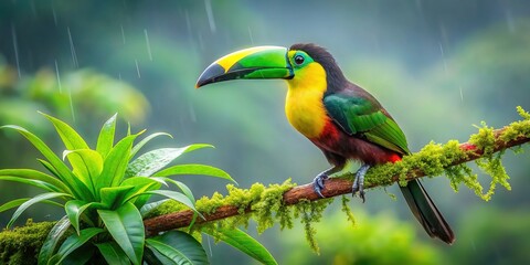 Fototapeta premium Vibrant emerald toucan perches on a tropical rainforest branch, its bright yellow and green plumage glowing amidst lush foliage and misty morning light in Costa Rica.