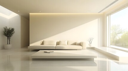 A minimalist living room with a focus on modern design, showcasing a low-profile couch, a clean-lined coffee table, and minimalistic decor.