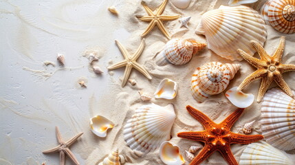 many shells and starfish on white sand with beautiful ocean background