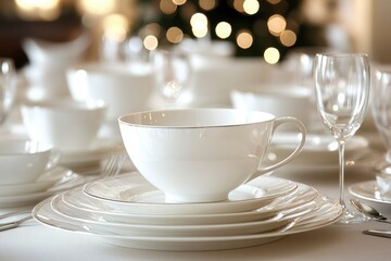 Fototapeta premium A White Porcelain Teacup and Saucer Set on a Table with a Glass Wine Glass