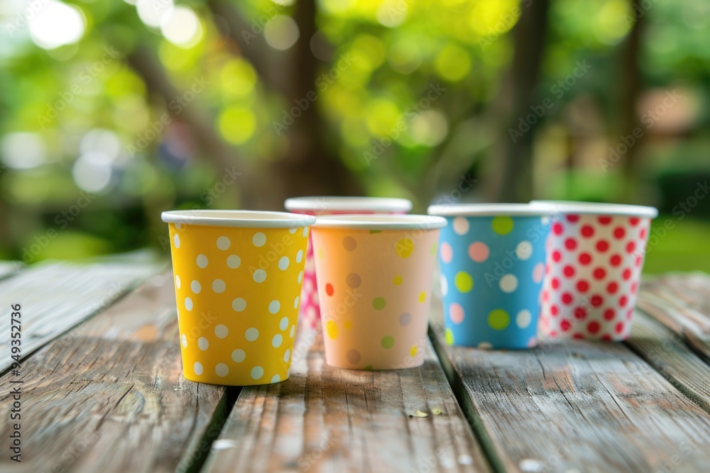 Poster a collection of vibrant cups arranged on a rustic wooden surface, perfect for capturing attention or