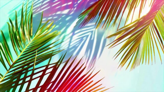 Colourful palm tree leaves background with copy space for text. Floral pattern wallpaper with shadows from shining sun