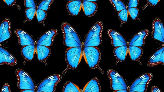 Vibrant blue butterflies form a mesmerizing pattern against a black background. Intricate wing details reveal delicate white and red markings, creating a striking contrast and repetitive design.	