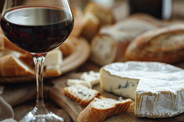 red wine in glass and cheese with many food on long table