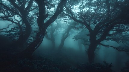 A foggy forest with deep dark colors and twisted trees creating a spooky vibe
