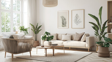 A wide shot of a modern living room with Scandinavian design, featuring light wood furniture, neutral tones, and green plants adding a touch of nature --ar 16:9 --q 2