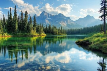 Fototapeta premium Lake Between Forests And Mountains with generative ai