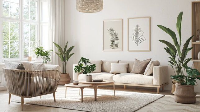 A wide shot of a modern living room with Scandinavian design, featuring light wood furniture, neutral tones, and green plants adding a touch of nature --ar 16:9 --q 2