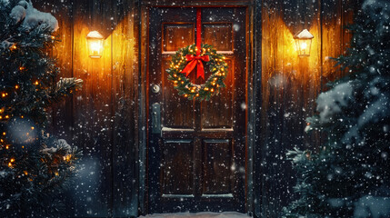 Obraz premium A classic Christmas background with a festive wreath on a wooden door, snow falling gently outside, and a warm glow from the interior lights illuminating the entrance --ar 16:9 --q 2