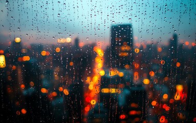 Fototapeta premium Close-up of raindrops on a window with a blurred cityscape in the background, creating a moody and reflective atmosphere