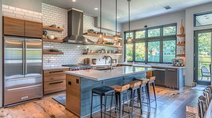Modern kitchen with an island, stainless steel appliances, and a subway tile backsplash.
