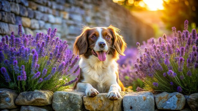 Soft sunlight warms the French Spaniel mix amidst a profusion of purple lavender, its gentle glow emphasizing its fluffy coat and bright blue eyes.
