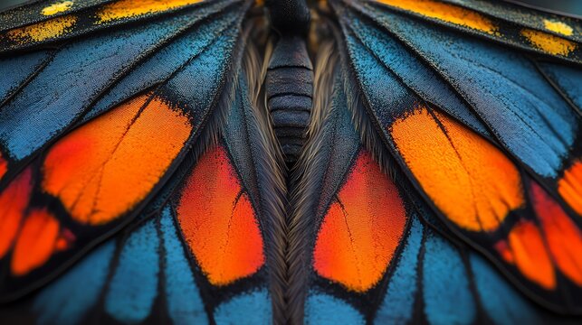 Close-up of butterfly wings with vibrant blue, orange, and black colors.