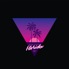 Original vector retro print isolated on black background. Palm trees on sunset background. T-shirt design.