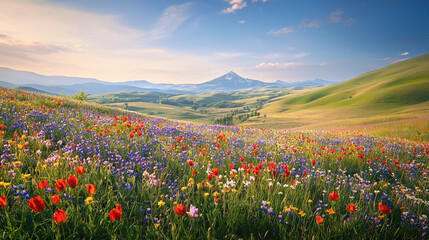 A vast, serene landscape featuring rolling hills covered in vibrant wildflowers, with a distant mountain range under a clear blue sky and soft sunlight --ar 16:9 --q 2