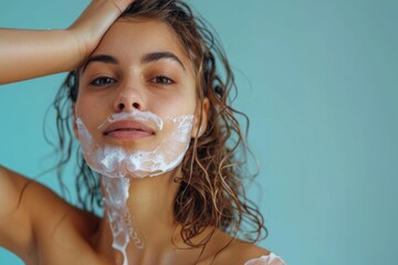 Close-up of a woman shaving her face with a razor, simple and precise