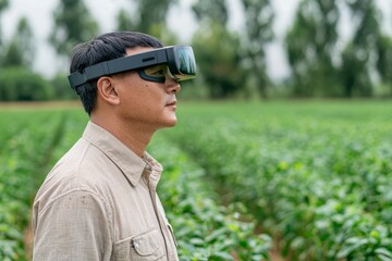 A farmer using augmented reality glasses to monitor crop health. The digital overlays provide real-time data as the farmer walks through the field, Generative AI