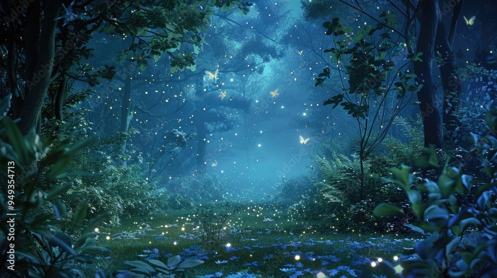 Poster a dense forest with many trees and fireflies lighting up the area
